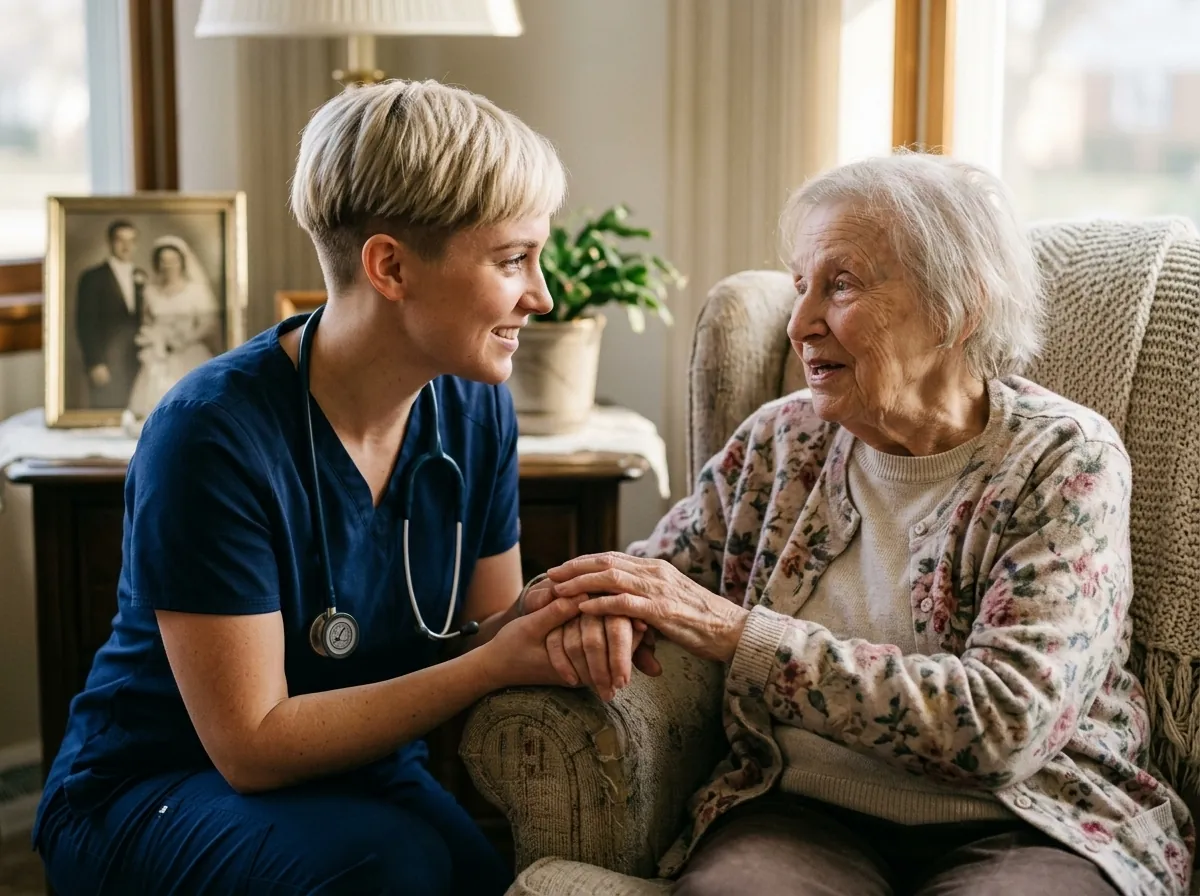 A young nurse crouched beside an older woman's armchair, holding her hand and listening
