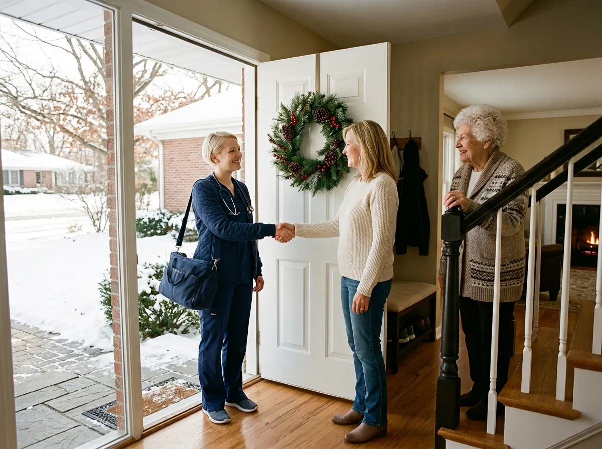 A nurse shaking hands with a woman at the front door on a snowy morning, the woman's mother watching from the hallway
