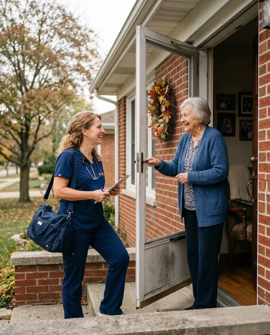 A registered nurse welcomed at the front door of a brick home by an older woman