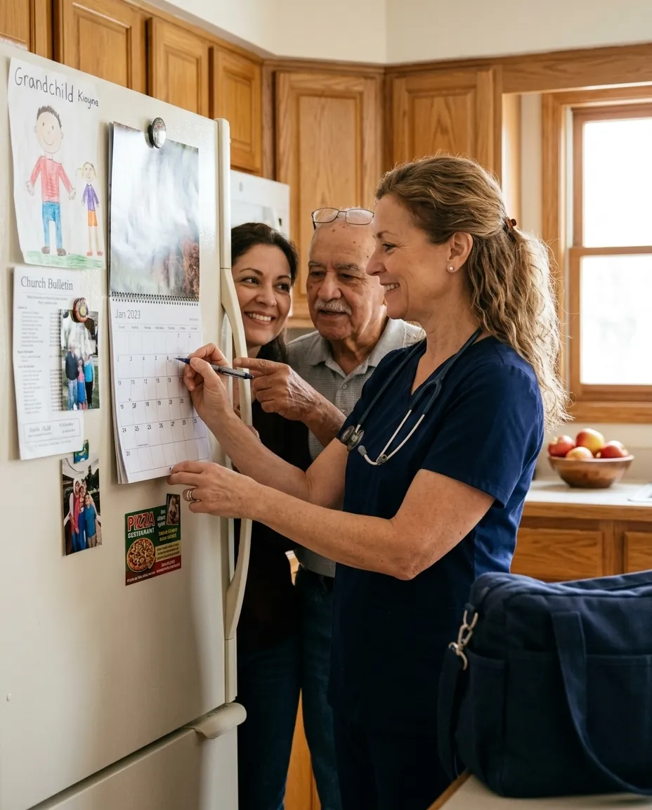 A nurse writing the next visit on a family's kitchen calendar with a father and daughter