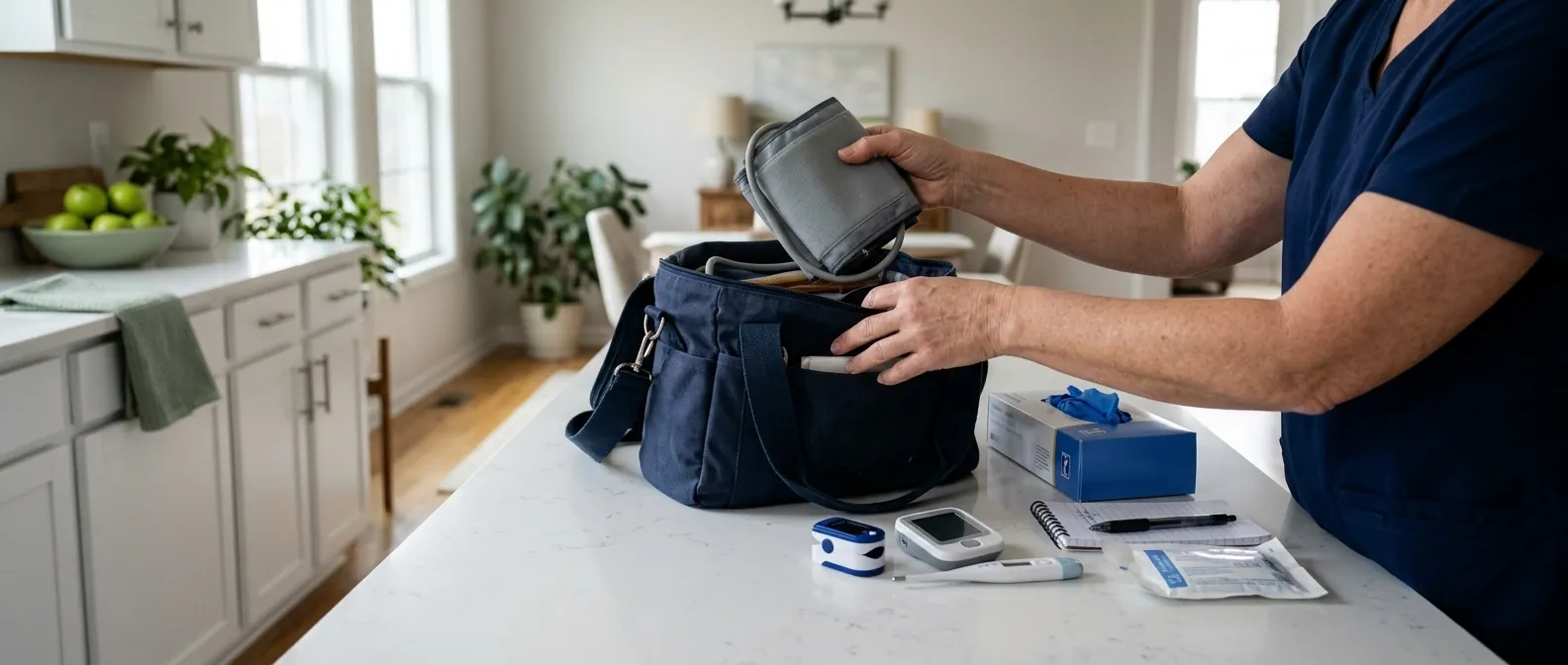 A nurse's open bag on a kitchen island with a blood pressure cuff, pulse oximeter, gloves, and a notebook laid out