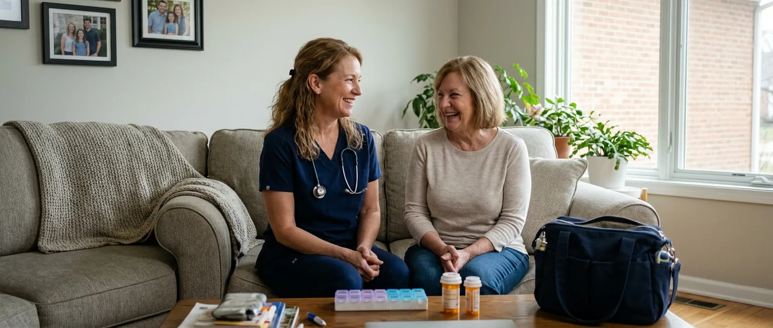A nurse and an older woman laughing on a sofa while sorting a weekly pill organizer