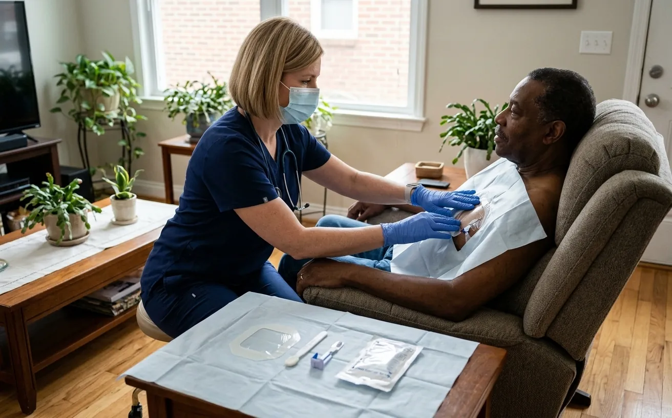 A masked, gloved nurse changing the dressing on a man's central line in his living room, his chest covered with a drape, sterile supplies laid out