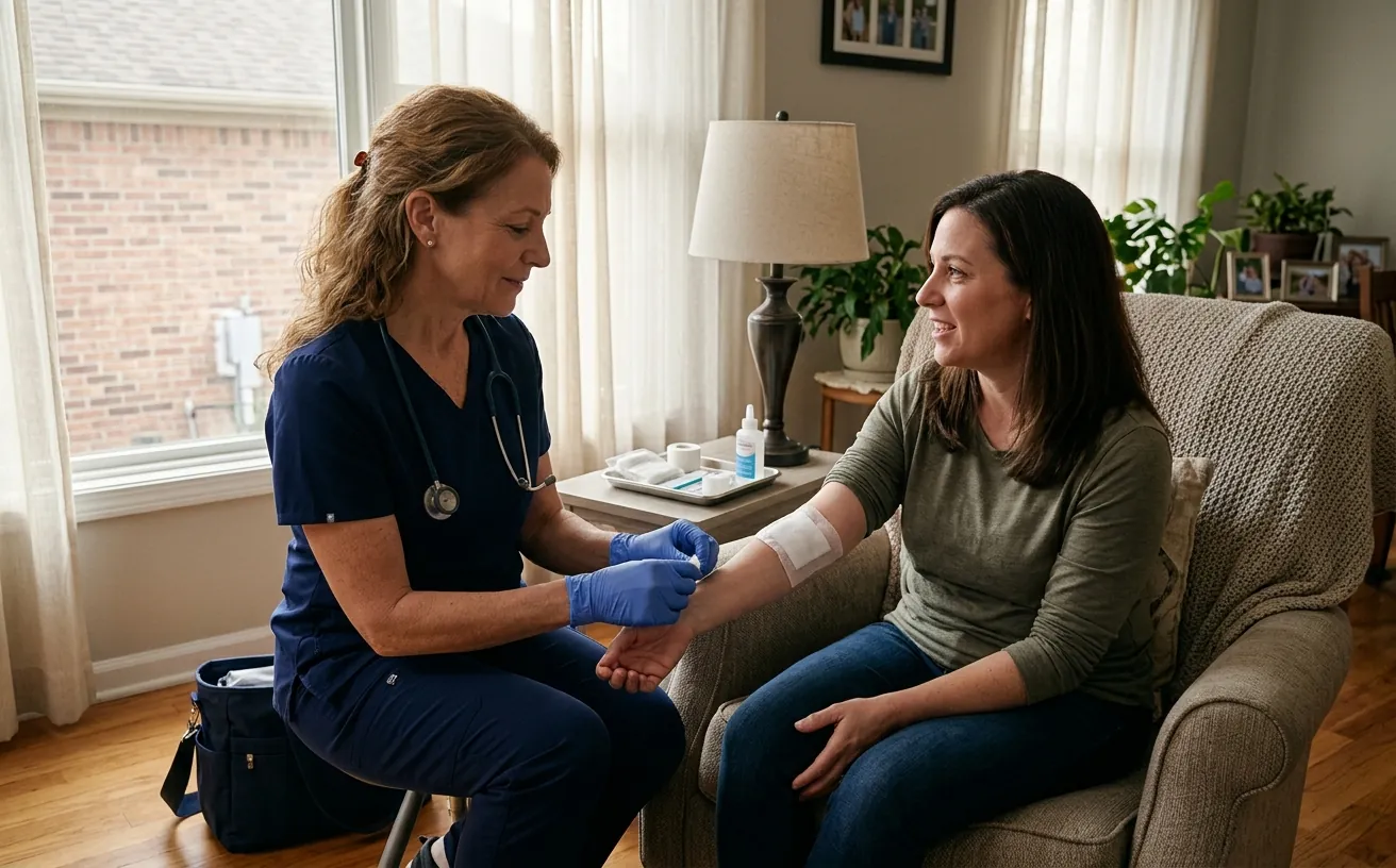A gloved nurse changing a dressing on a woman's forearm in her living room