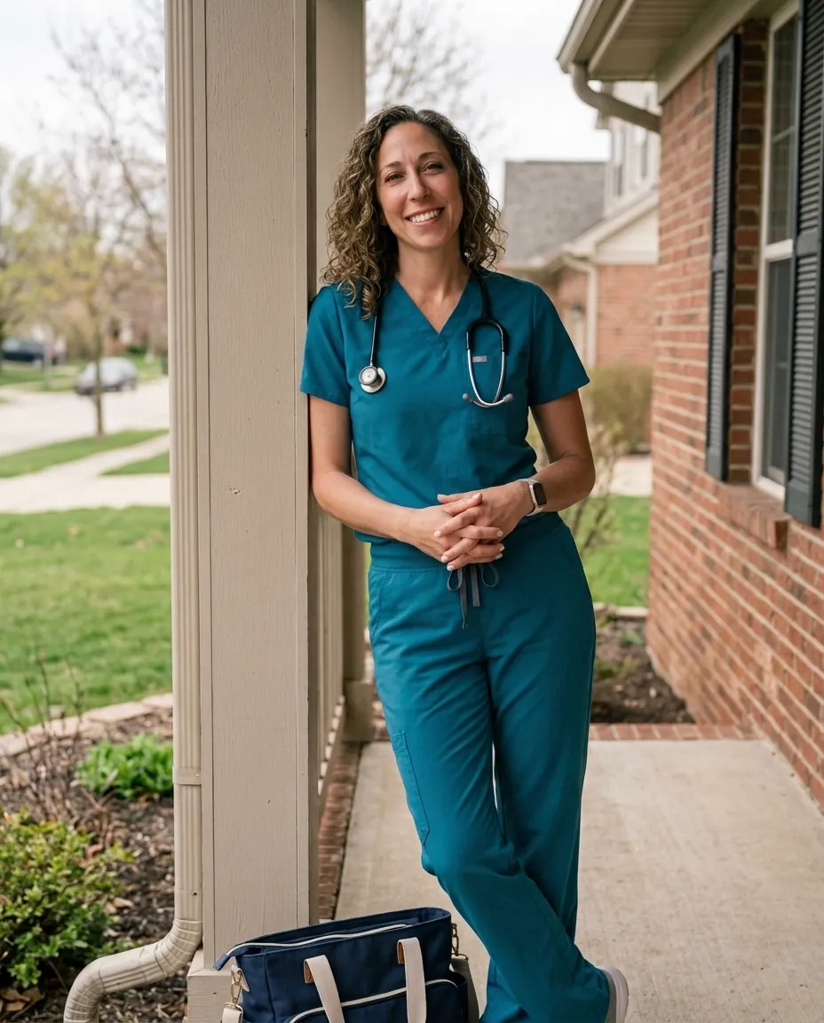 Portrait of a nurse on a front porch