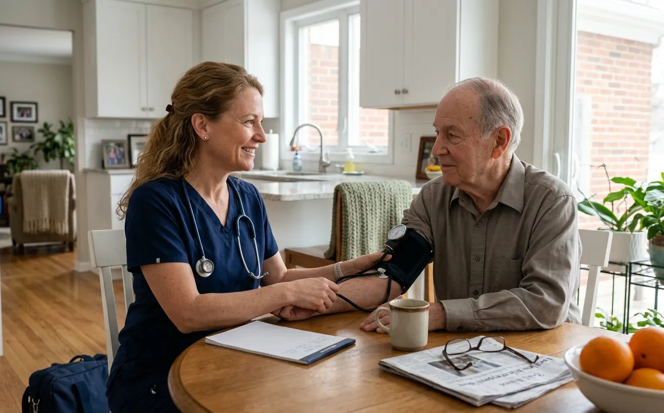 A nurse taking an older man's blood pressure at his kitchen table